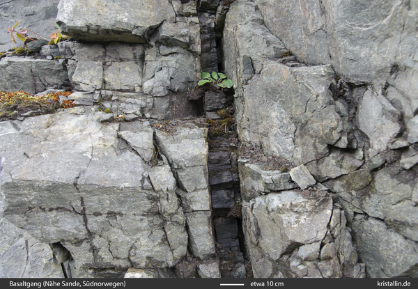 Schmaler Basaltgang in hellgrauem Basalt