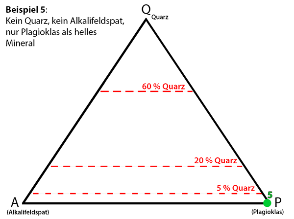 Ein Gestein mit Plagioklas als einzigem hellen Mineral liegt im Feld 10 im QAPF-Diagramm